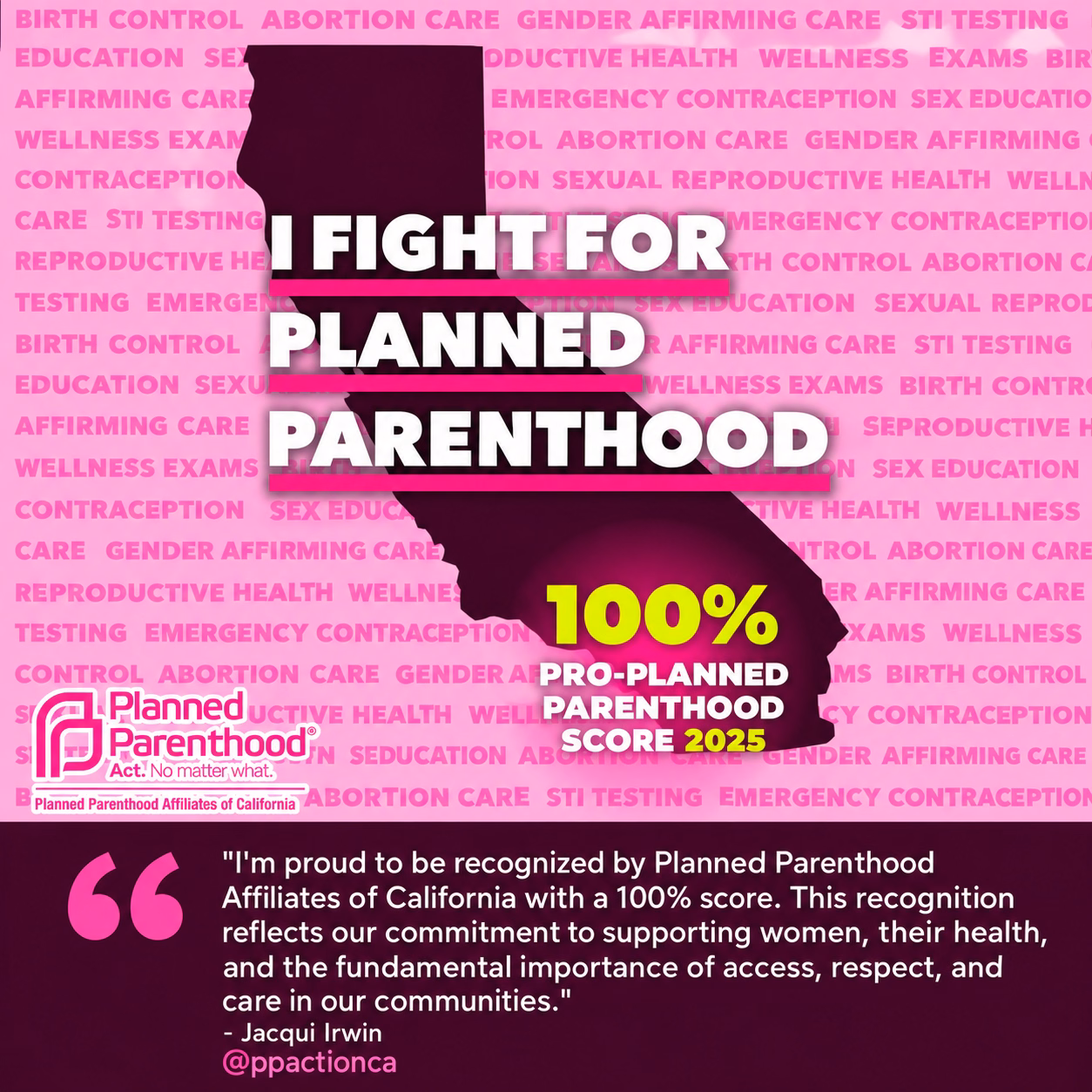 Planned Parenthood Affiliates of California 100 percent score graphic with Jacqui Irwin quote